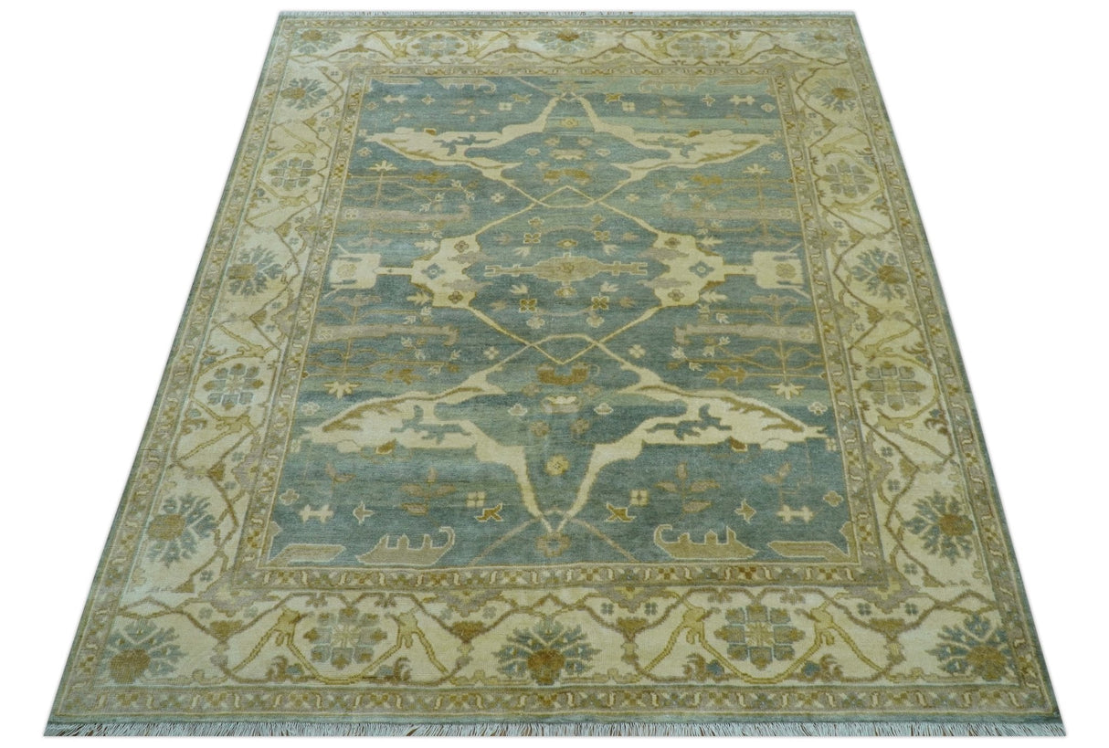 Hand Knotted Traditional Oushak Design Blue And Beige 8x10 Wool Area Rug