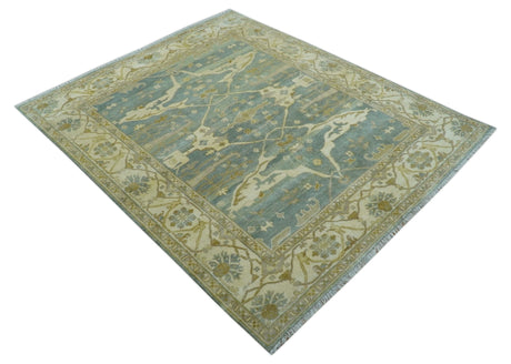 Hand Knotted Traditional Oushak Design Blue And Beige 8x10 Wool Area Rug