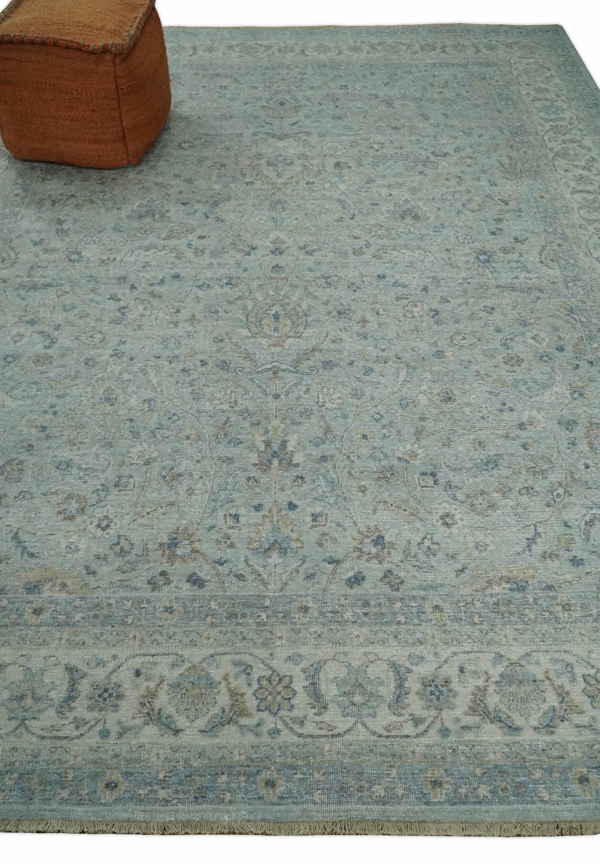 Hand Knotted Traditional Silver, brown and Beige Antique Textured Low Pile Distressed Wool Rug | TRD53114