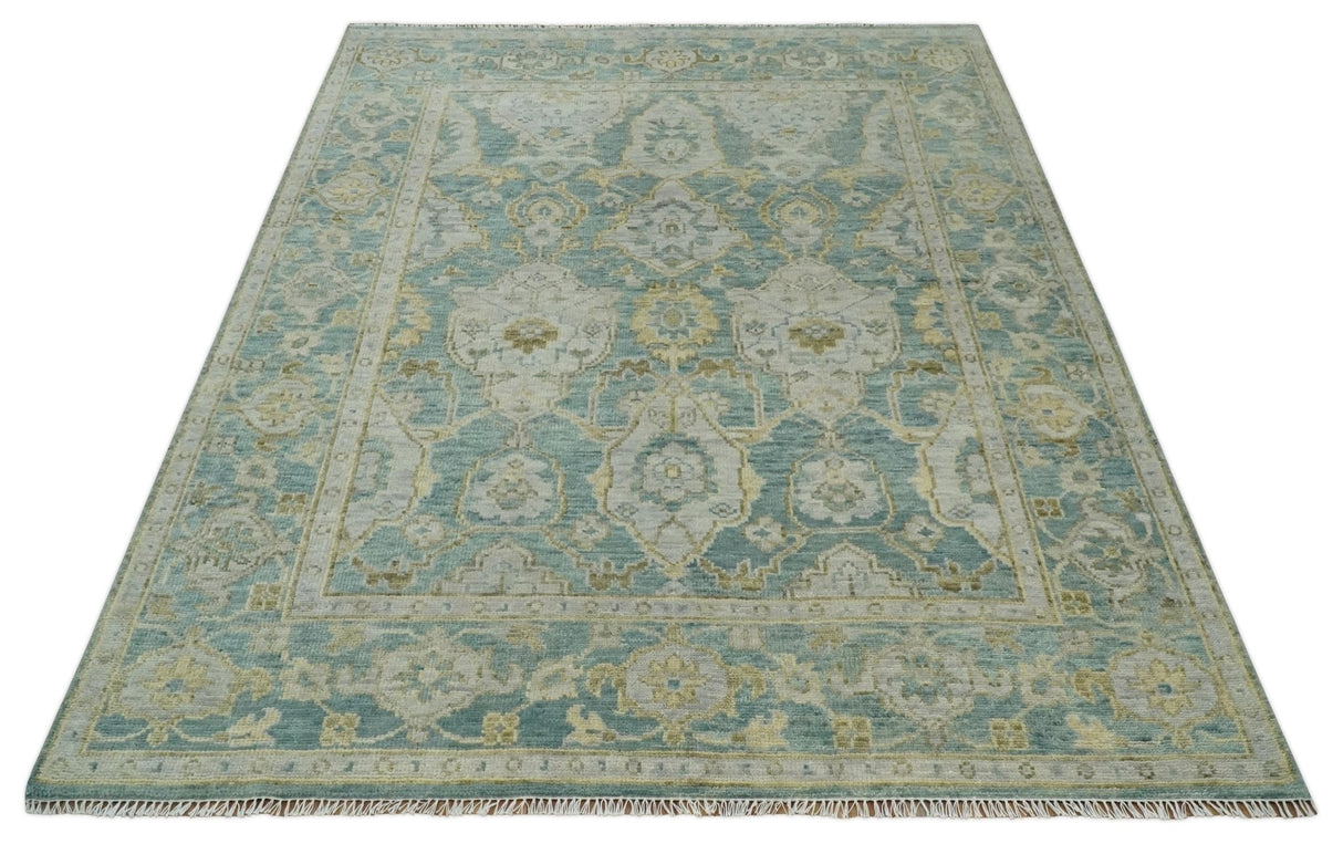 Hand Knotted Traditional Turkish Oushak Blue And Beige Wool Rug