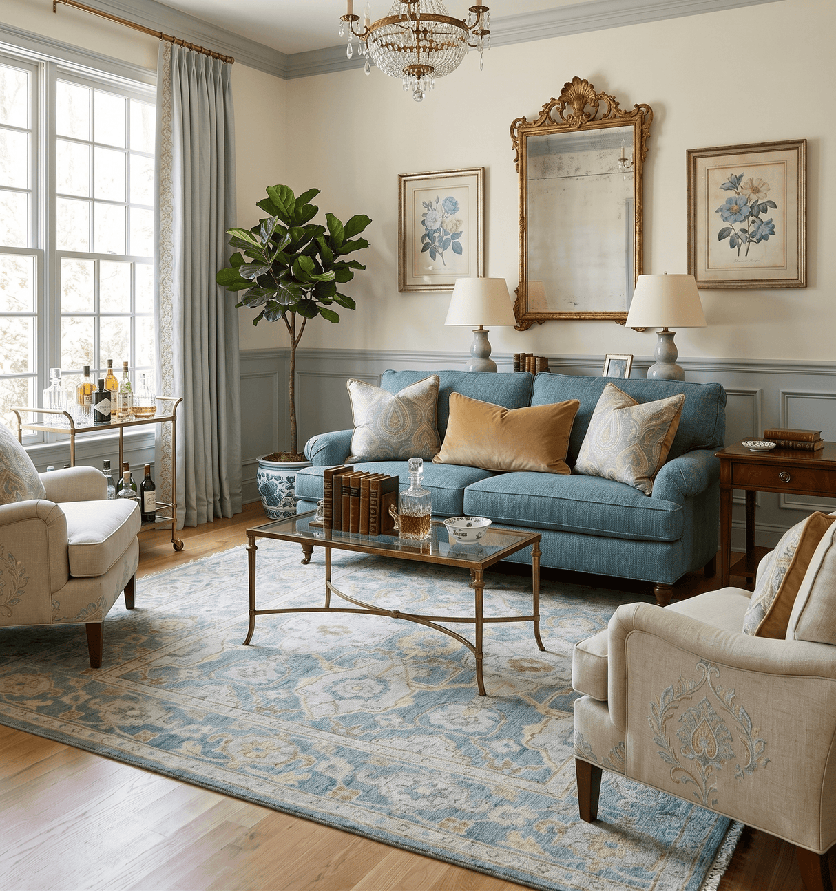 Hand Knotted Traditional Turkish Oushak Blue And Beige Wool Rug