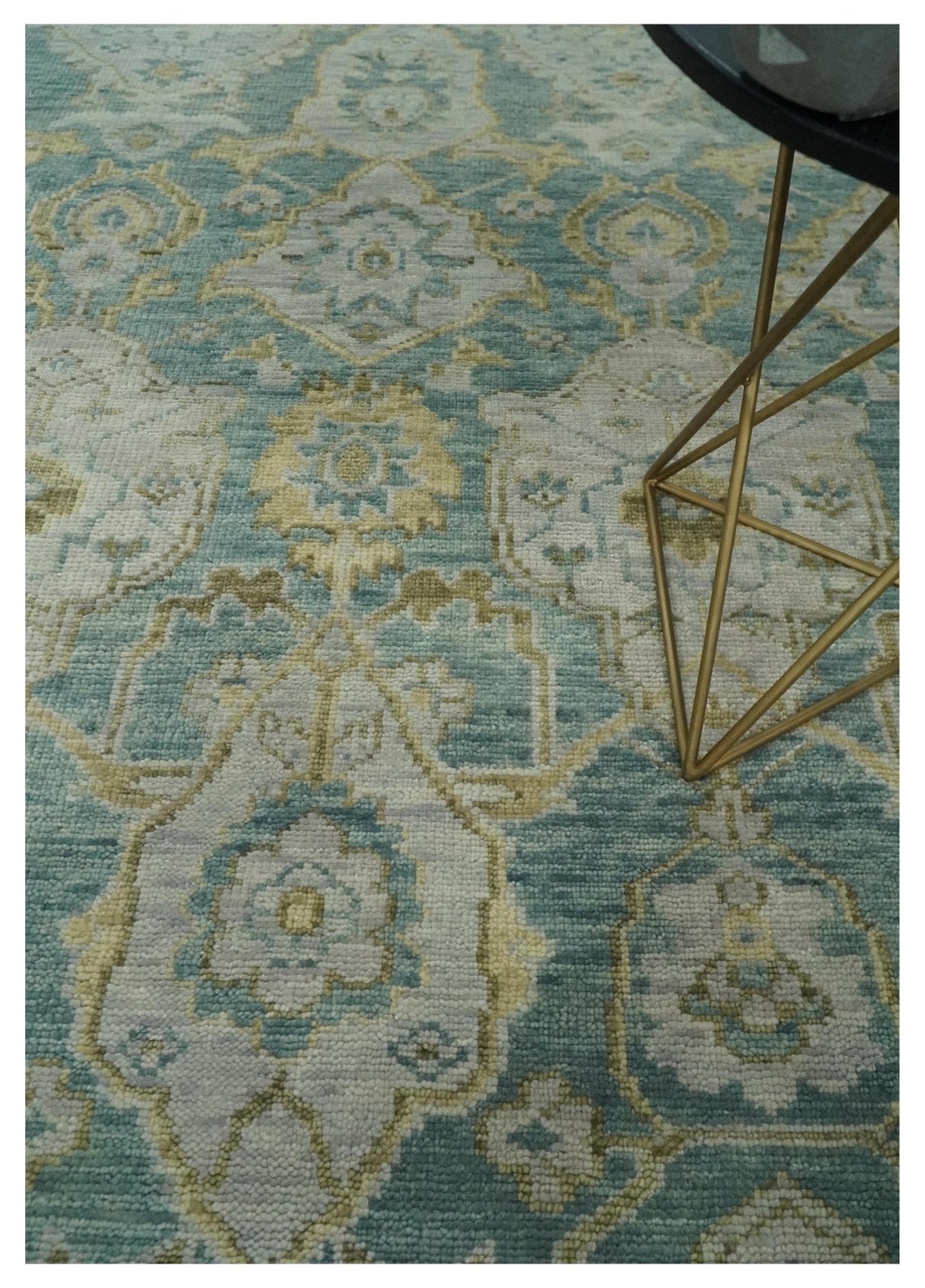 Hand Knotted Traditional Turkish Oushak Blue And Beige Wool Rug