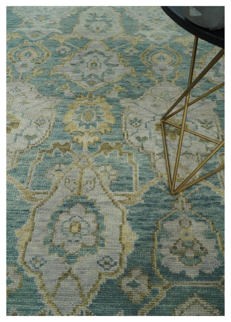 Hand Knotted Traditional Turkish Oushak Blue And Beige Wool Rug