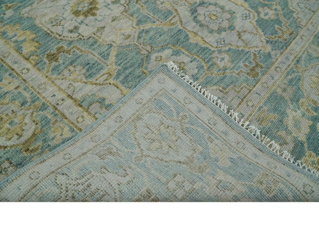Hand Knotted Traditional Turkish Oushak Blue And Beige Wool Rug