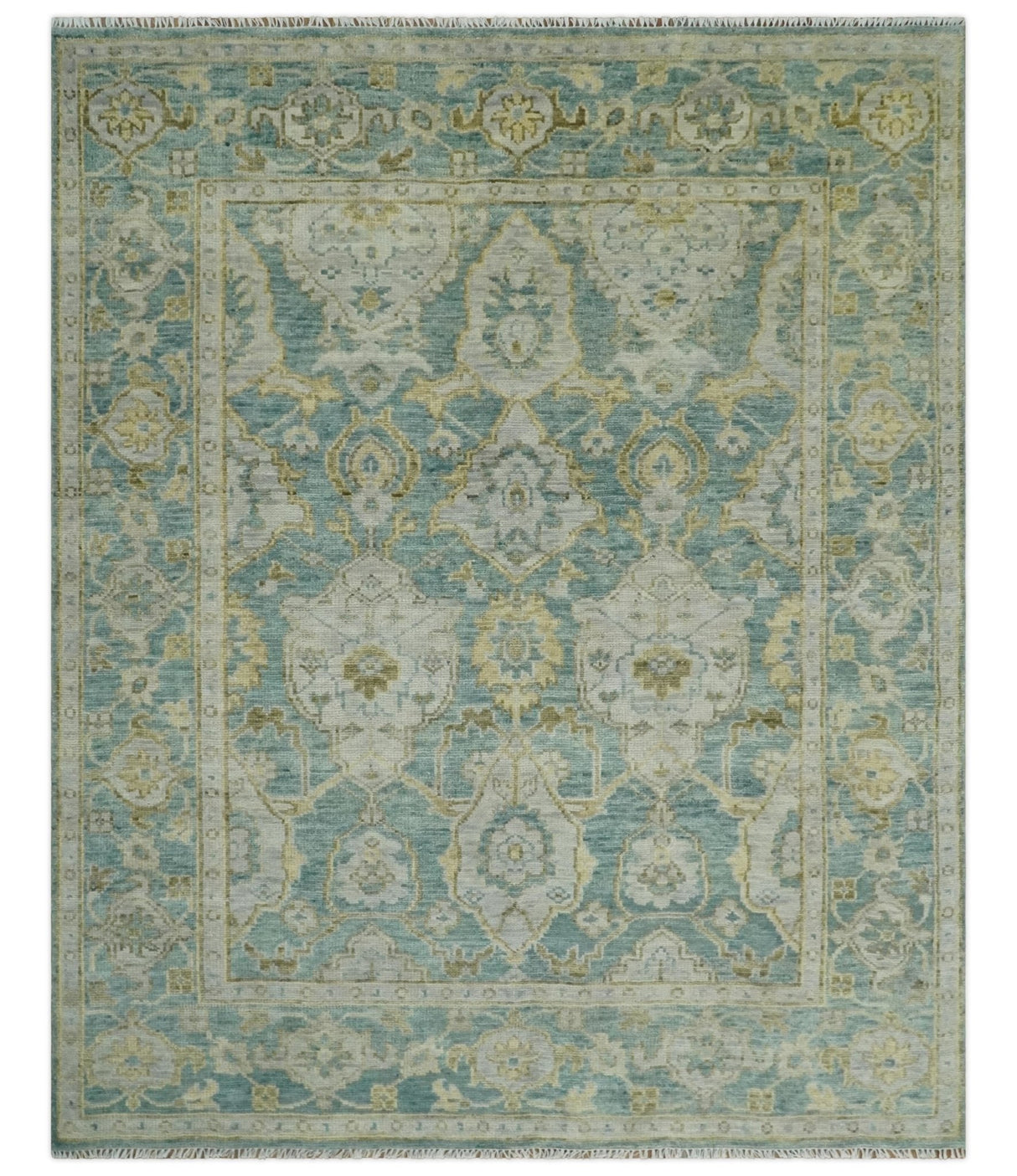 Hand Knotted Traditional Turkish Oushak Blue And Beige Wool Rug