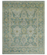 Hand Knotted Traditional Turkish Oushak Blue And Beige Wool Rug