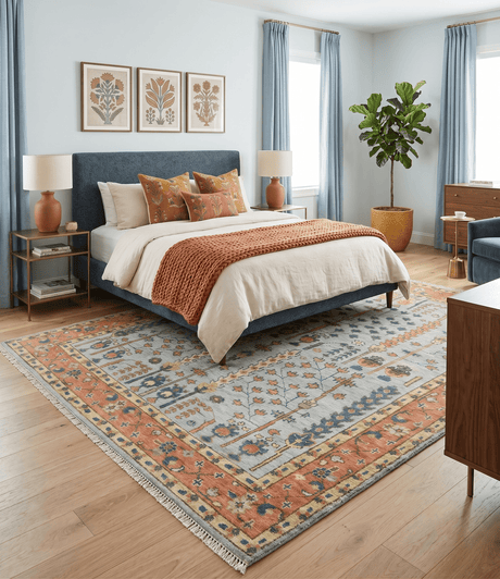 Hand Knotted Tree of Life Rust and Blue Traditional Turkish Design Wool Rug