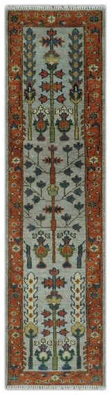 Hand Knotted Tree of Life Rust and Blue Traditional Turkish Design Wool Rug