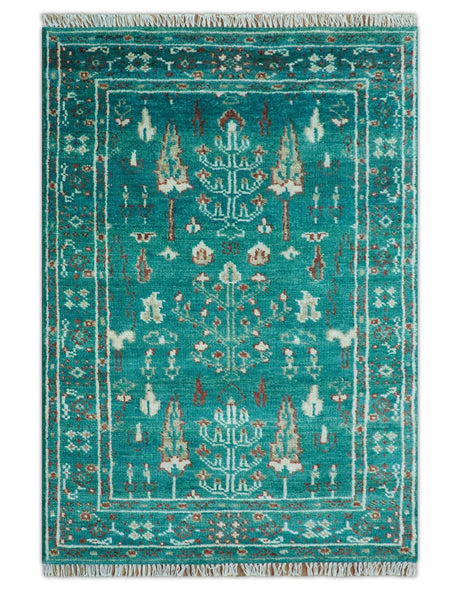 Hand knotted Tree of life Teal Traditional Style 4x6 Wool Area Rug