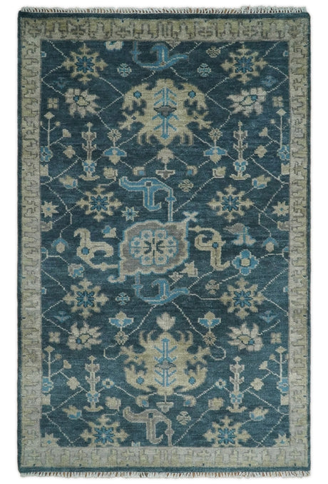 Hand Knotted Vintage Style Oriental Turkish Oushak Blue and Camel Multi Size Wool Area Rug