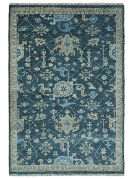 Hand Knotted Vintage Style Oriental Turkish Oushak Blue and Camel Multi Size Wool Area Rug
