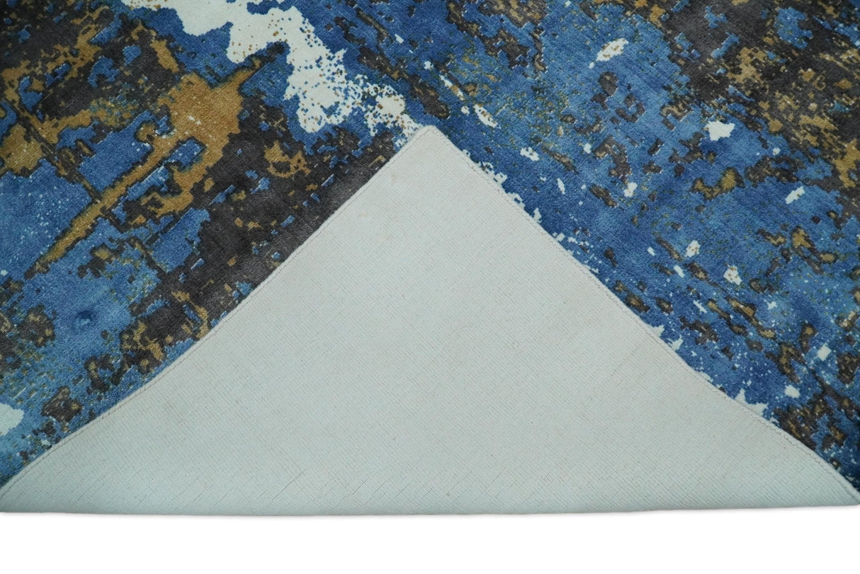 Hand Loom 5.8x8 Modern Abstract Blue and Brown Bamboo Silk Rug