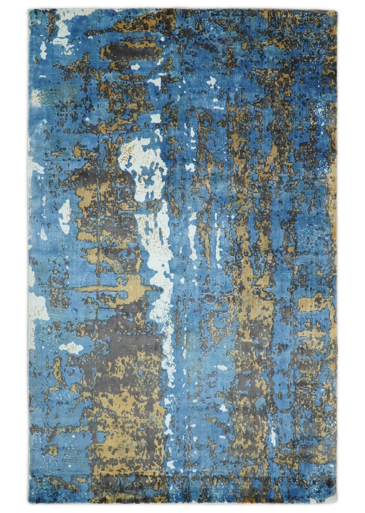 Hand Loom 5.8x8 Modern Abstract Blue and Brown Bamboo Silk Rug