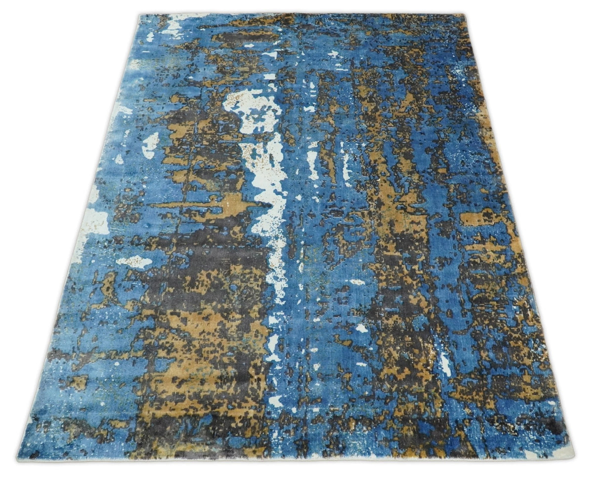 Hand Loom 5.8x8 Modern Abstract Blue and Brown Bamboo Silk Rug