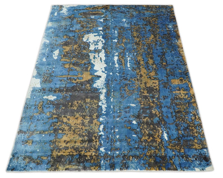 Hand Loom 5.8x8 Modern Abstract Blue and Brown Bamboo Silk Rug