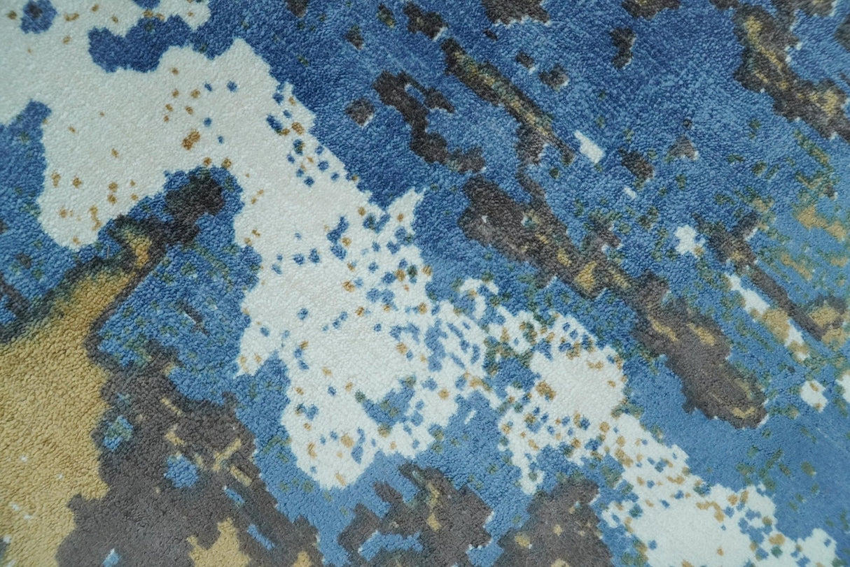 Hand Loom 5.8x8 Modern Abstract Blue and Brown Bamboo Silk Rug