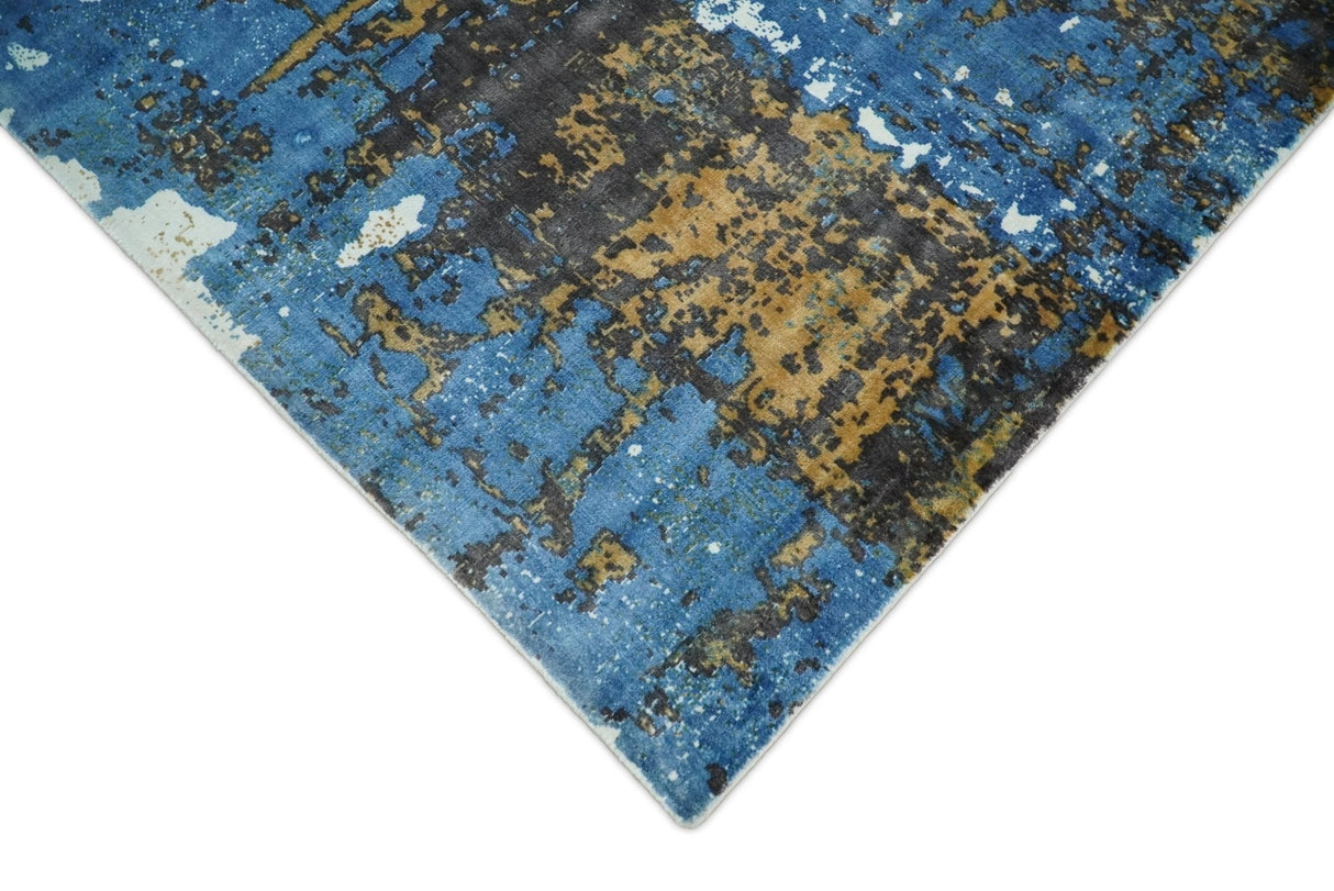 Hand Loom 5.8x8 Modern Abstract Blue and Brown Bamboo Silk Rug