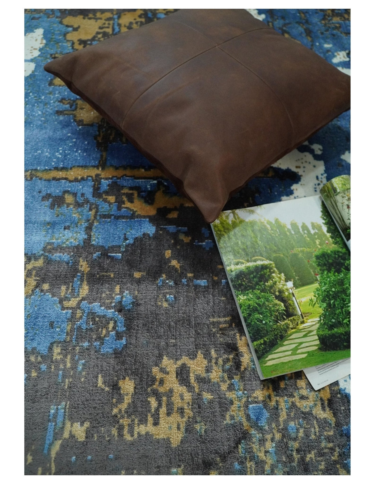 Hand Loom 5.8x8 Modern Abstract Blue and Brown Bamboo Silk Rug