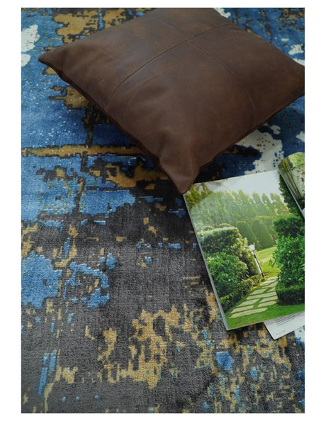 Hand Loom 5.8x8 Modern Abstract Blue and Brown Bamboo Silk Rug