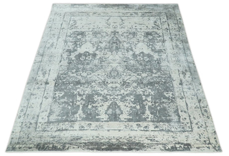Hand Loom 8x10 Abstract Ivory and Gray Blended Wool and Bamboo Silk Area Rug