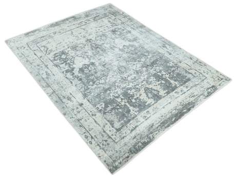 Hand Loom 8x10 Abstract Ivory and Gray Blended Wool and Bamboo Silk Area Rug