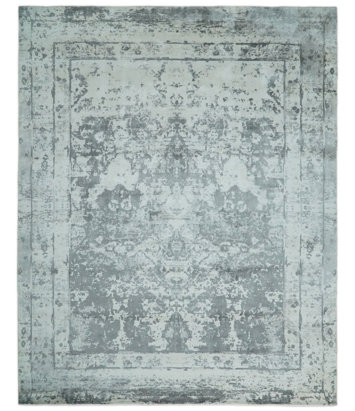 Hand Loom 8x10 Abstract Ivory and Gray Blended Wool and Bamboo Silk Area Rug