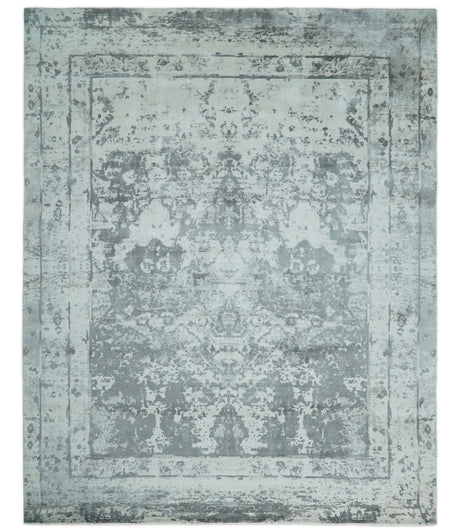 Hand Loom 8x10 Abstract Ivory and Gray Blended Wool and Bamboo Silk Area Rug