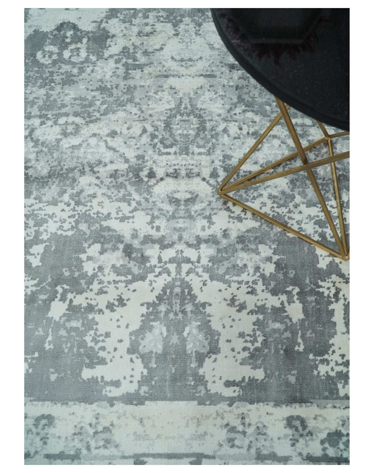 Hand Loom 8x10 Abstract Ivory and Gray Blended Wool and Bamboo Silk Area Rug