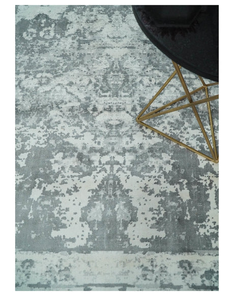 Hand Loom 8x10 Abstract Ivory and Gray Blended Wool and Bamboo Silk Area Rug