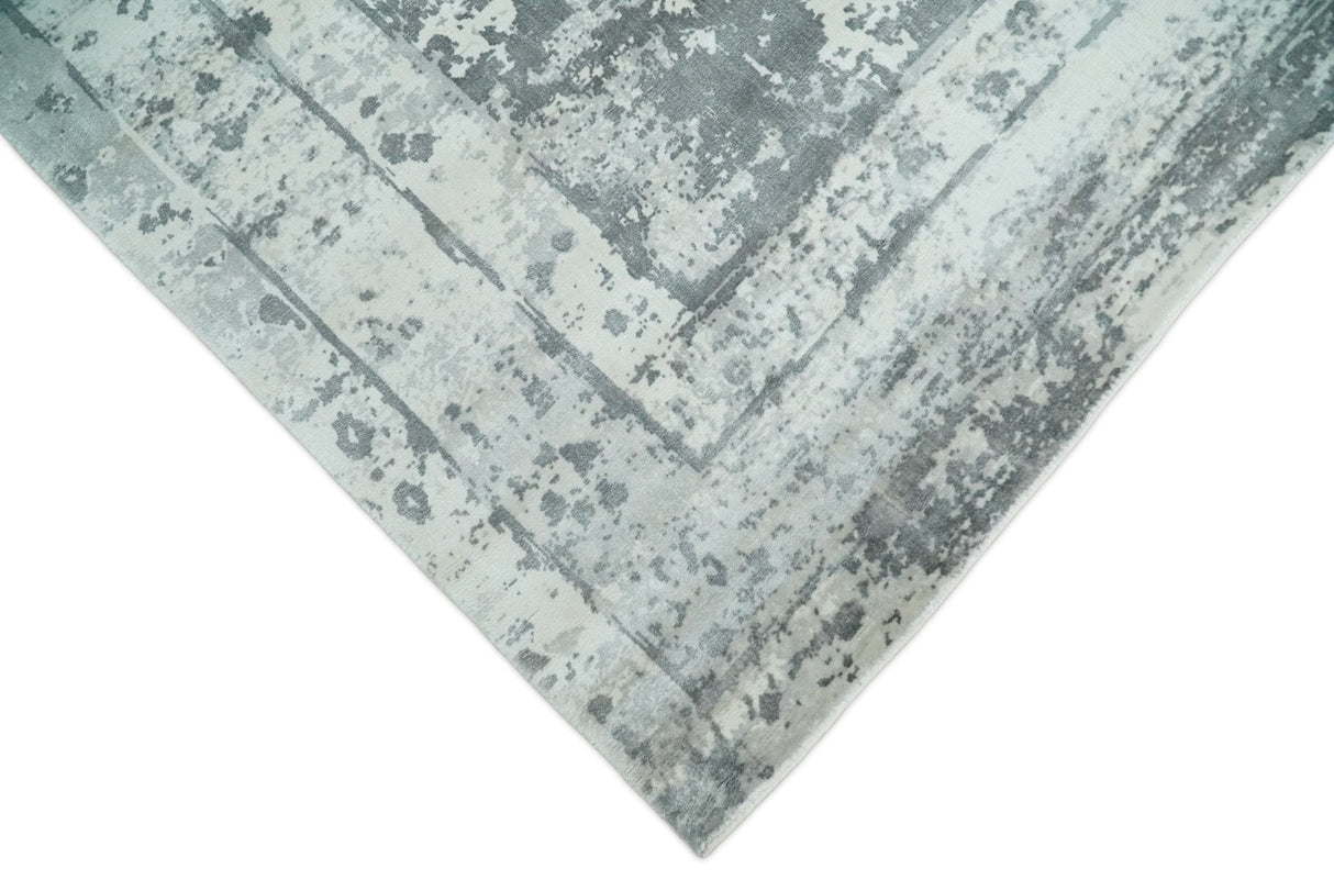 Hand Loom 8x10 Abstract Ivory and Gray Blended Wool and Bamboo Silk Area Rug