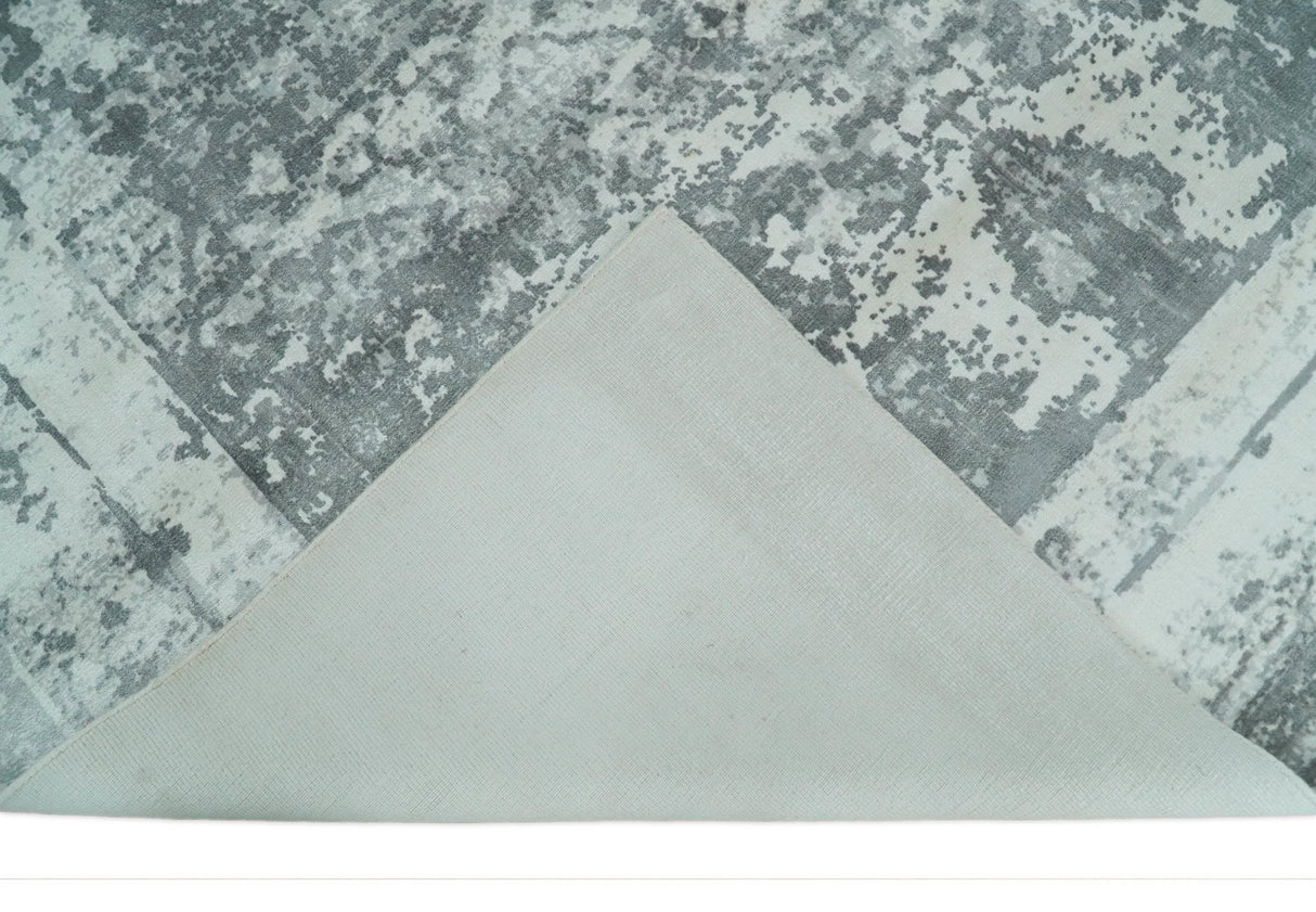 Hand Loom 8x10 Abstract Ivory and Gray Blended Wool and Bamboo Silk Area Rug