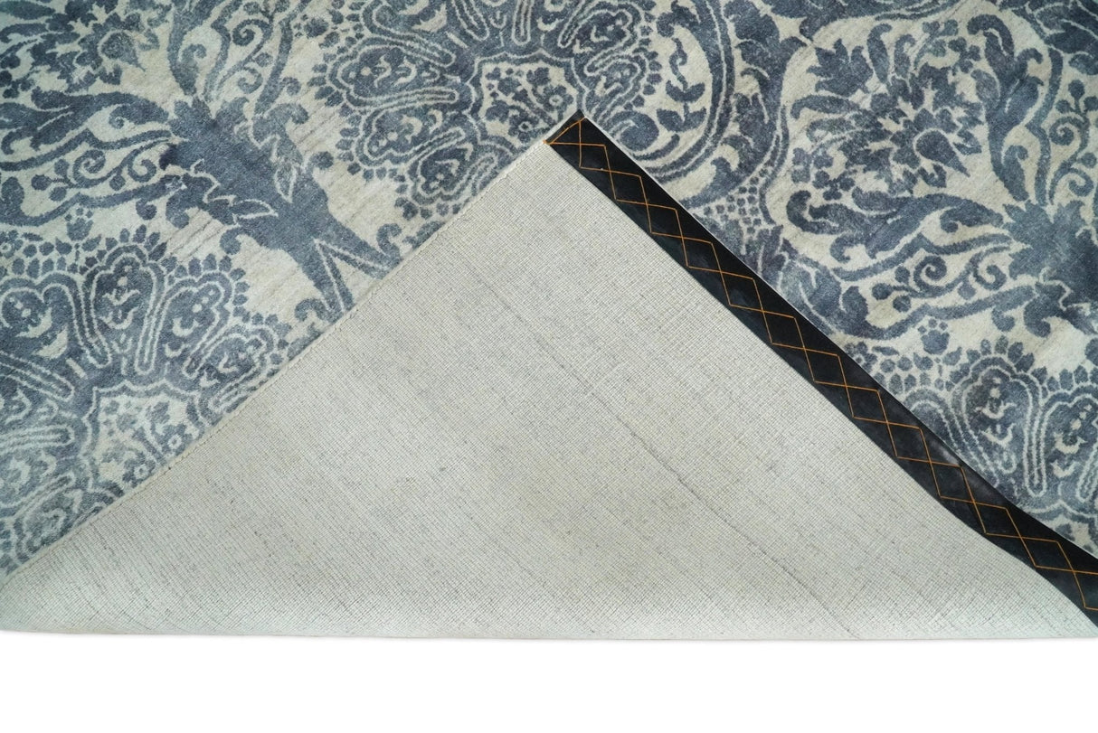 Hand Loom 8x10 Damask Ivory and gray Blended Wool and Bamboo Silk Area Rug