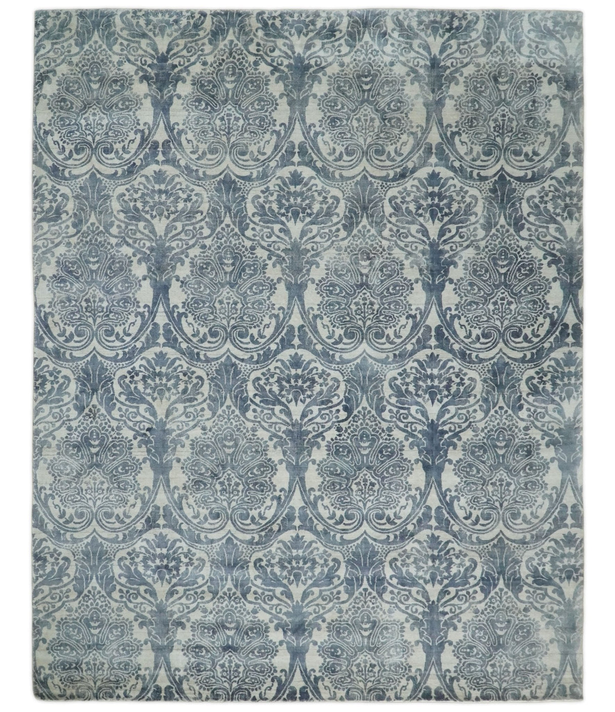 Hand Loom 8x10 Damask Ivory and gray Blended Wool and Bamboo Silk Area Rug