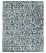 Hand Loom 8x10 Damask Ivory and gray Blended Wool and Bamboo Silk Area Rug
