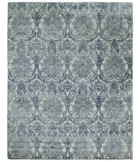 Hand Loom 8x10 Damask Ivory and gray Blended Wool and Bamboo Silk Area Rug