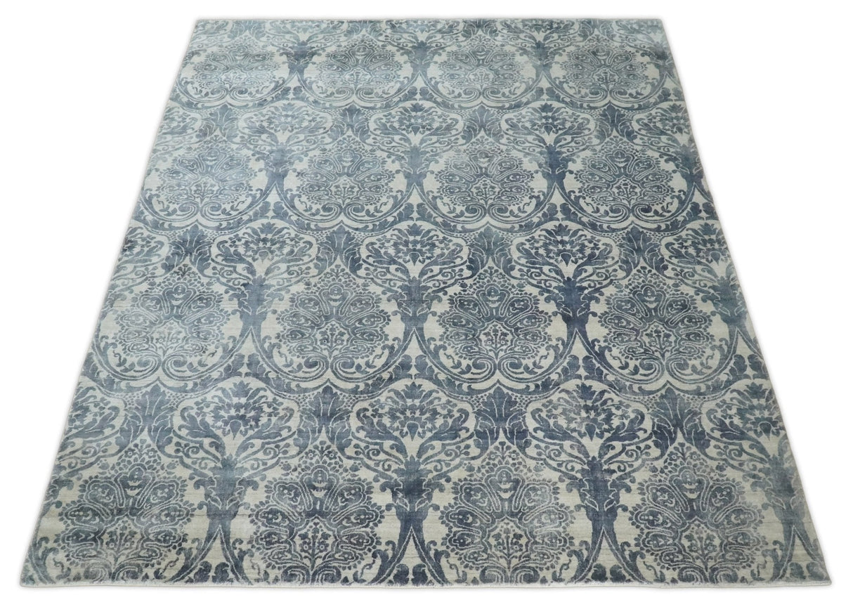 Hand Loom 8x10 Damask Ivory and gray Blended Wool and Bamboo Silk Area Rug