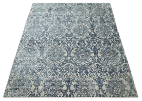 Hand Loom 8x10 Damask Ivory and gray Blended Wool and Bamboo Silk Area Rug