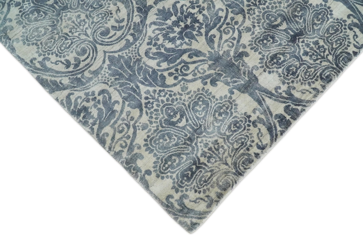 Hand Loom 8x10 Damask Ivory and gray Blended Wool and Bamboo Silk Area Rug