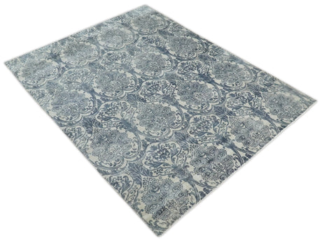 Hand Loom 8x10 Damask Ivory and gray Blended Wool and Bamboo Silk Area Rug