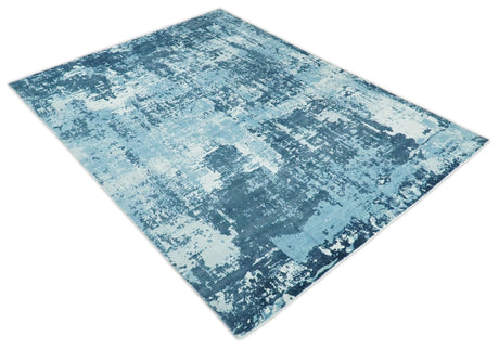 Hand Loom Modern Abstract Blue Wool and Bamboo Silk Area Rug