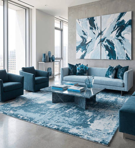 Hand Loom Modern Abstract Blue Wool and Bamboo Silk Area Rug