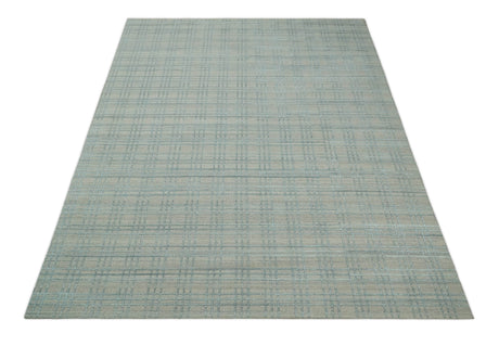 Hand Made 8x10 Modern Geometric striped Beige and Silver Blended Wool Area Rug