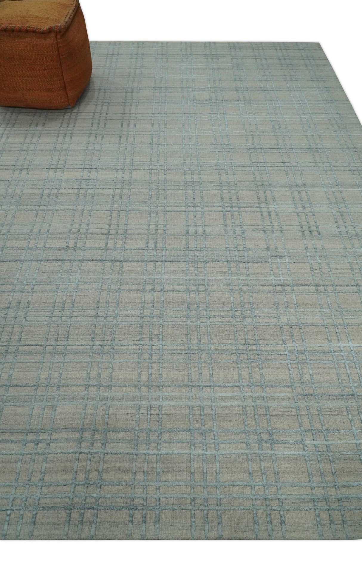 Hand Made 8x10 Modern Geometric striped Beige and Silver Blended Wool Area Rug