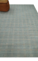 Hand Made 8x10 Modern Geometric striped Beige and Silver Blended Wool Area Rug