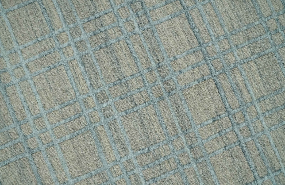 Hand Made 8x10 Modern Geometric striped Beige and Silver Blended Wool Area Rug