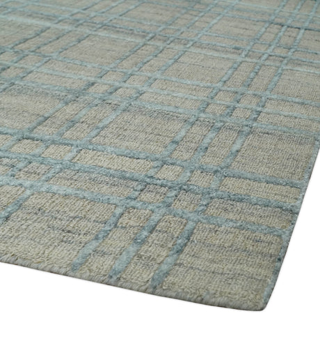 Hand Made 8x10 Modern Geometric striped Beige and Silver Blended Wool Area Rug