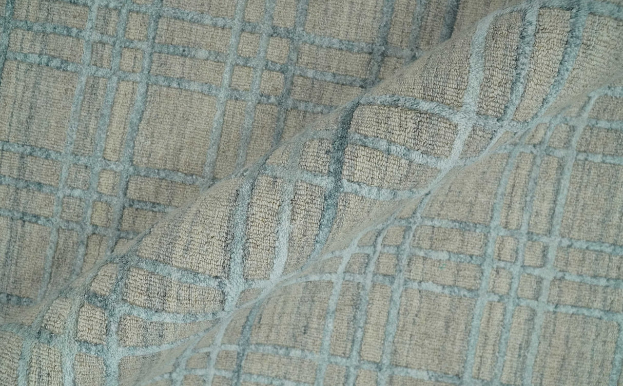 Hand Made 8x10 Modern Geometric striped Beige and Silver Blended Wool Area Rug