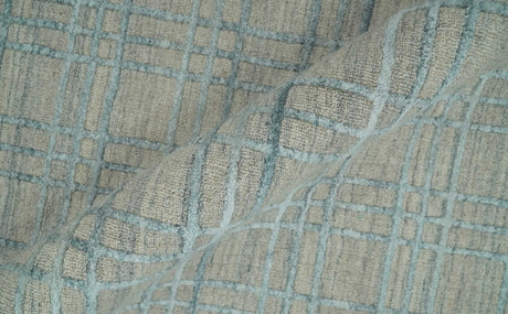 Hand Made 8x10 Modern Geometric striped Beige and Silver Blended Wool Area Rug