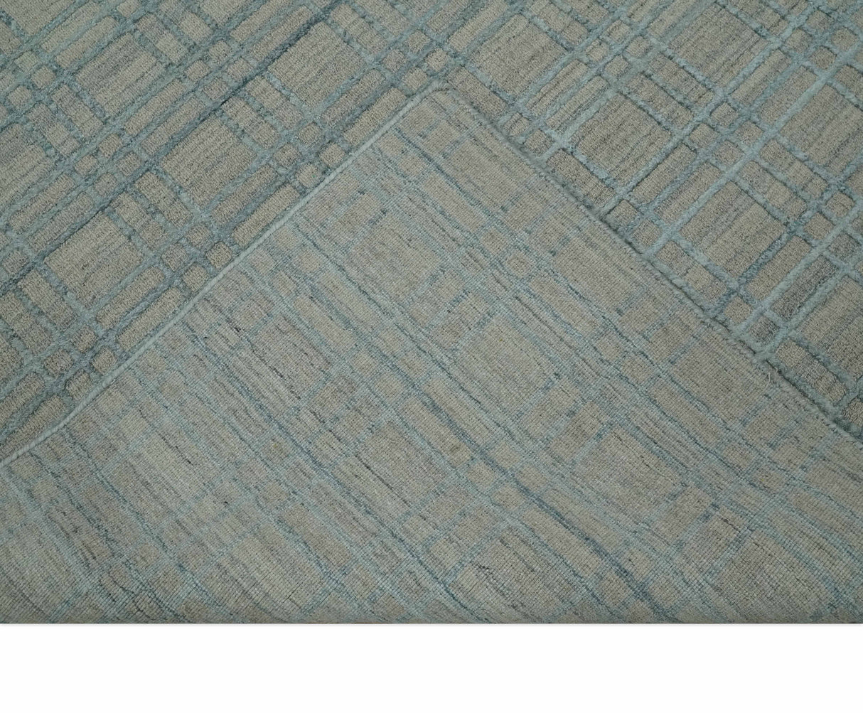 Hand Made 8x10 Modern Geometric striped Beige and Silver Blended Wool Area Rug