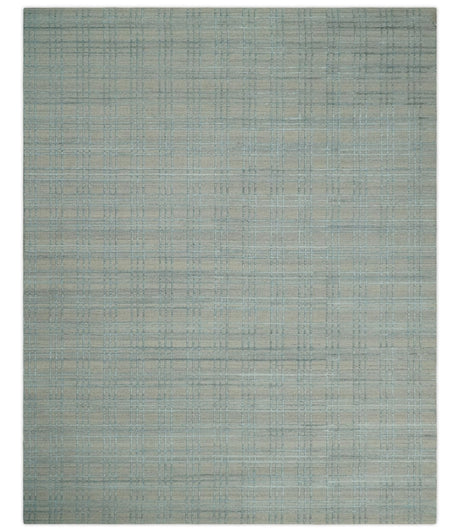 Hand Made 8x10 Modern Geometric striped Beige and Silver Blended Wool Area Rug